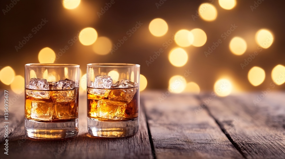 Aufkleber Two glasses filled with whiskey on a wooden table illuminated by softly glowing bokeh lights : Generative AI