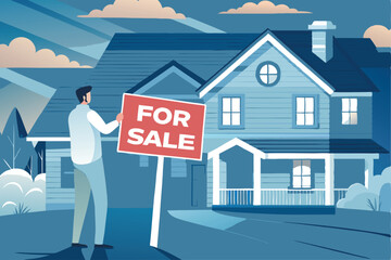 A person sadly placing a "For Sale" sign next to a forlorn-looking character, possibly a robot or whimsical creature.  Depict a sense of loss or abandonment.