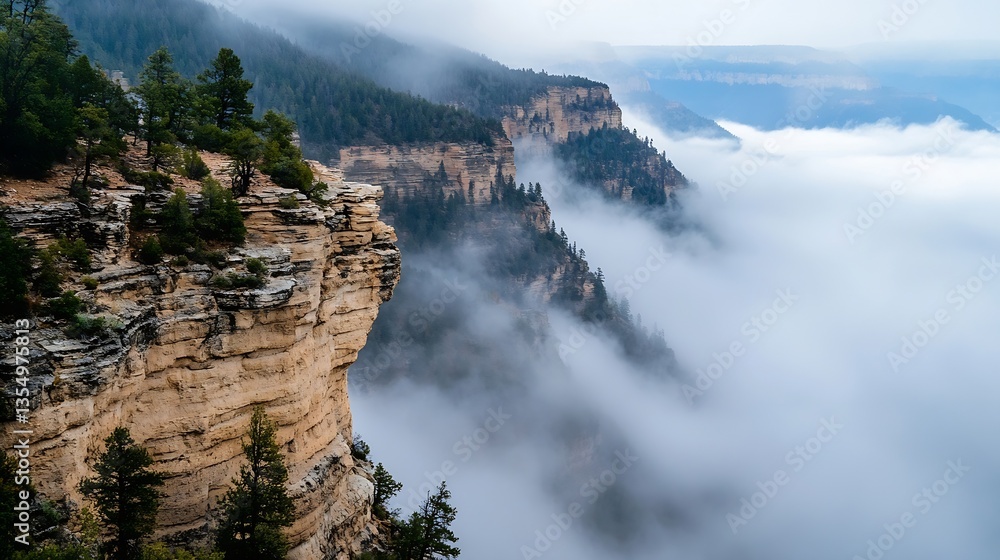 Poster serene landscape of a rocky cliff with pine trees and fog rolling over a valley : generative ai