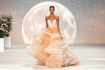 Model Runway Peach Gown Moonlit Stage.