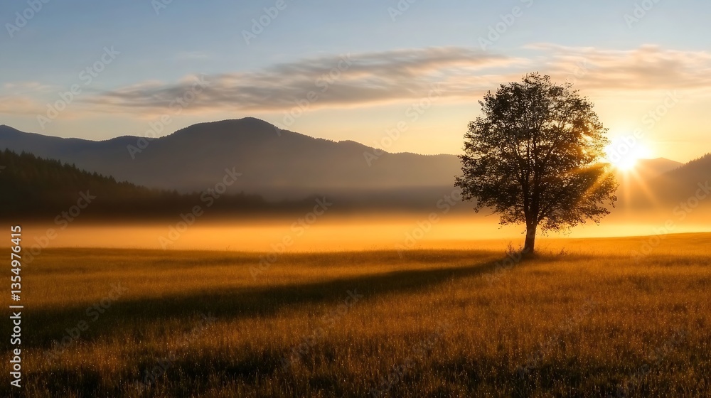 Aufkleber majestic sunset over mountain range with silhouette of tree in golden field : generative ai