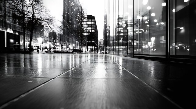 Urban Night Scene Captured in Black and White with Reflection on Wet Pavement : Generative AI
