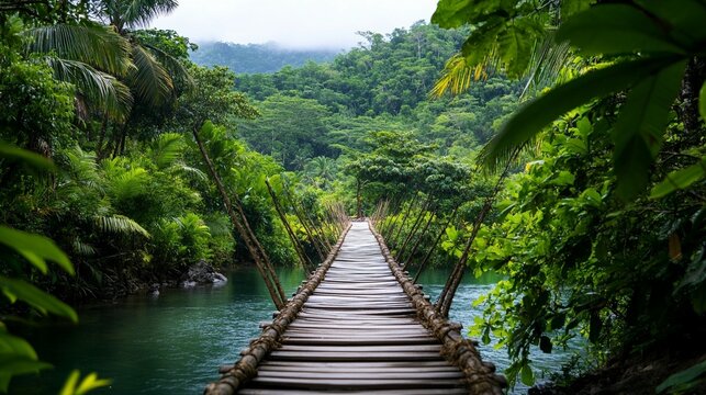 Fototapeta Wooden rope bridge spanning a lush jungle river.