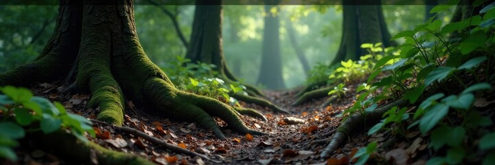 Obraz premium Forest floor, dark earthy tones, roots and branches, rest, branches, woodland