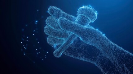 Abstract hand holding a gavel, glowing with blue light particles.