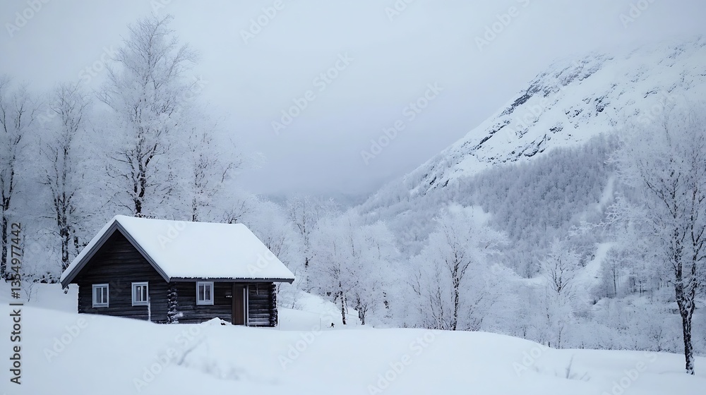 Poster charming wooden cabin nestled in a snowy winter landscape surrounded by frostcovered trees and mount