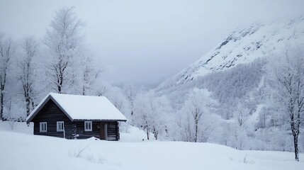Charming wooden cabin nestled in a snowy winter landscape surrounded by frostcovered trees and mountains : Generative AI