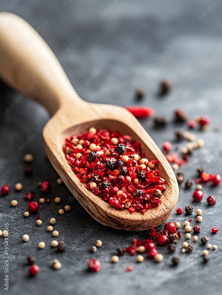 Aufkleber colorful assortment of dried spices placed in a wooden scoop on a dark surface with scattered season