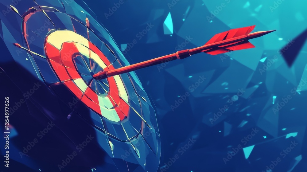 Poster a 3d-rendered arrow perfectly centered in a digital target, symbolizing accuracy, determination, and