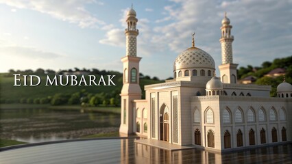 Obraz premium Ornate mosque with Eid Mubarak sign and red accents in greenery