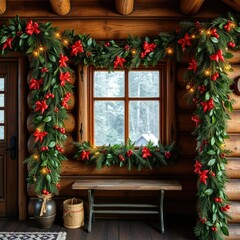 Fototapeta premium festive holly and mistletoe garlands adorn the walls of a cozy cabin, rustic, garland, cabin