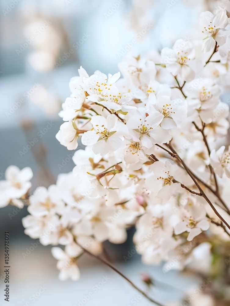 Aufkleber delicate closeup of beautiful white blossoms on branch with blurred background in spring : generativ