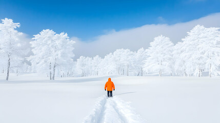 Solo hiker in vibrant orange jacket walks snow-covered path through frost-covered trees under a bright blue sky
