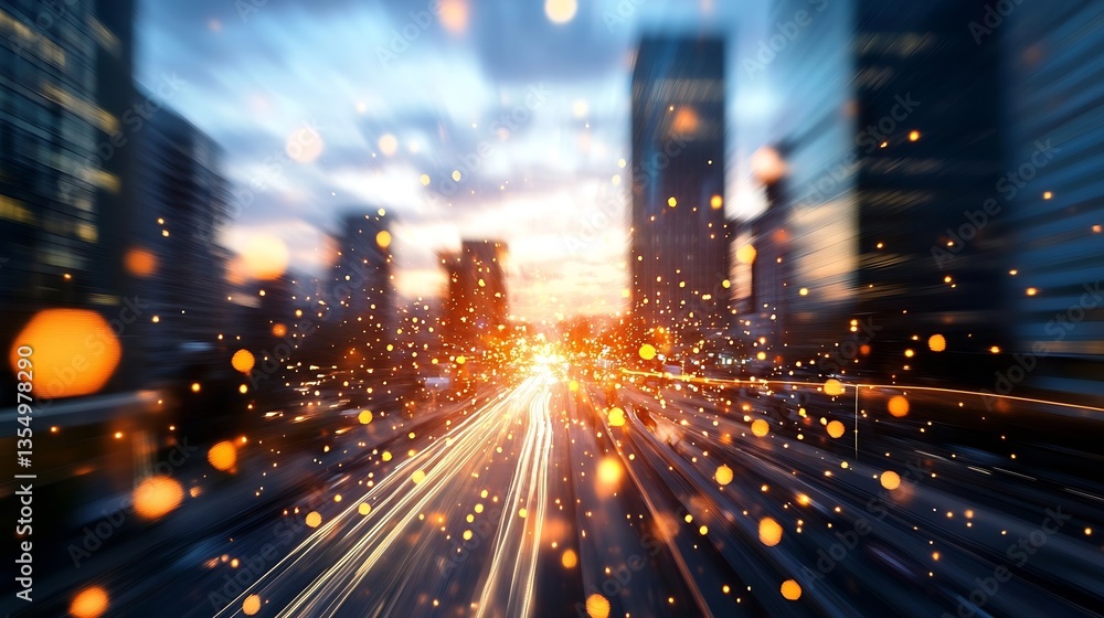 Poster dynamic city skyline with blurred lights creating an energetic and modern atmosphere at dusk : gener