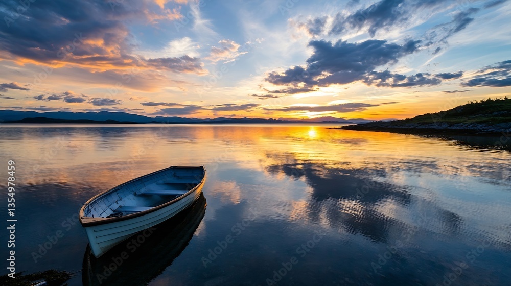 Poster Serene sunset over calm waters with a single boat anchored reflecting the colorful sky and clouds : Generative AI