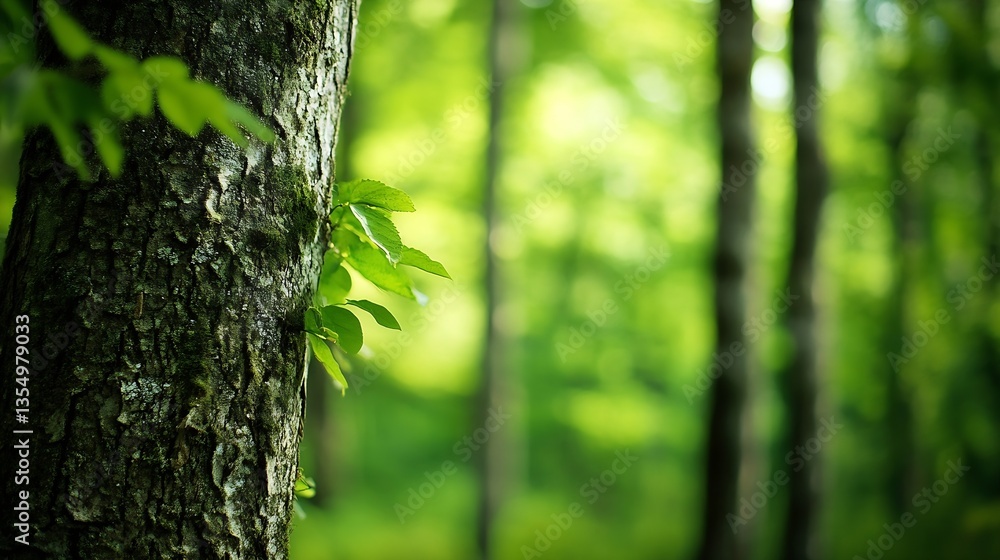 Aufkleber Serene forest scene with green leaves and textured tree bark illuminated by soft sunlight : Generative AI