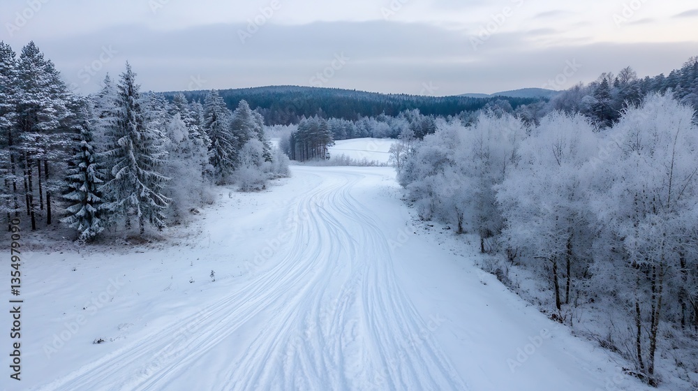 Aufkleber Winter wonderland scene featuring snowcovered trees and a winding path in a tranquil landscape under a soft grey sky : Generative AI
