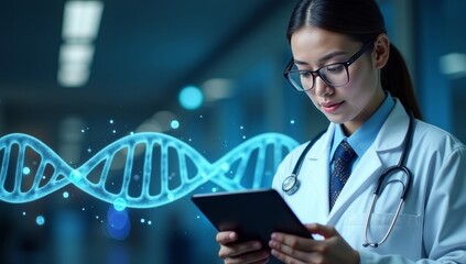 Abstract luminous DNA molecule. Doctor using tablet and check with analysis chromosome DNA genetic of human on virtual interface. Medicine. Medical science and biotechnology