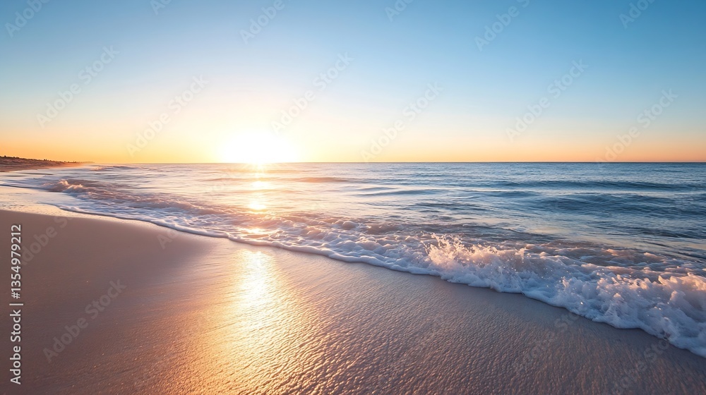 Poster Stunning sunset over tranquil beach with gentle waves lapping at the shore : Generative AI