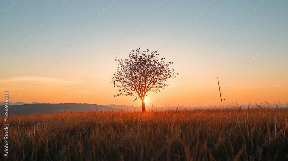 Fototapete solitary tree at sunset over a wheat field with golden light creating a beautiful scene : generative