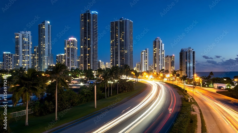 Aufkleber captivating nighttime city skyline with illuminated buildings and light trails in foreground : gener