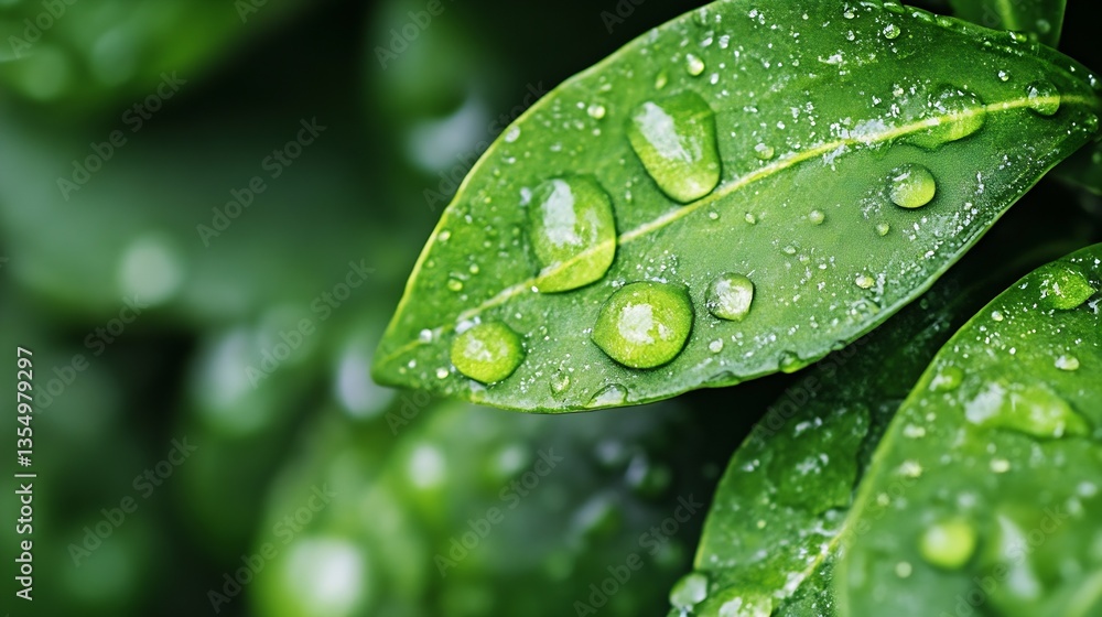 Poster fresh green leaves covered in water drops after rain : generative ai