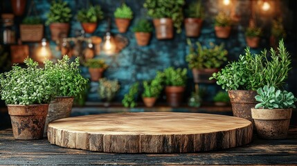 Fototapeta premium Rustic wooden board, herbs, kitchen, plants, display