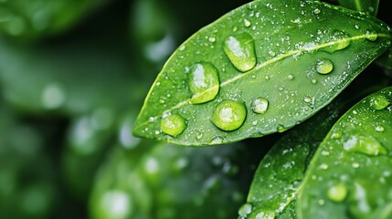 Fresh Green Leaves Covered in Water Drops After Rain : Generative AI