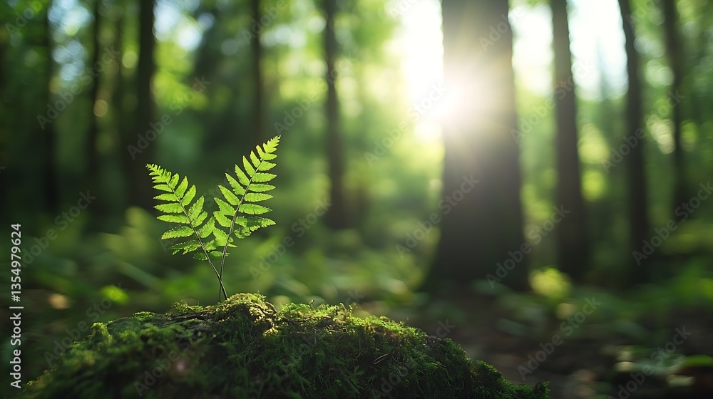 Poster new green fern growing on a mossy ground illuminated by soft sunlight in the forest : generative ai