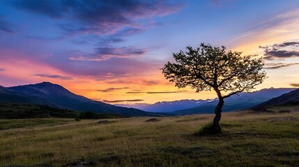 Obraz premium Majestic tree silhouetted against a colorful sunset in a picturesque mountain valley : Generative AI