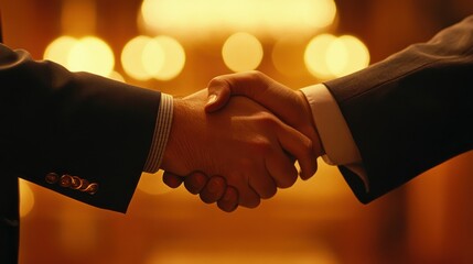 A powerful handshake seals a significant deal, symbolizing trust and partnership, in a warm, golden-lit setting.