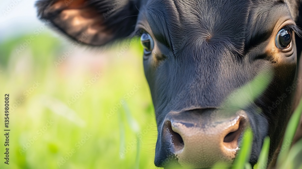 Poster Close up of a curious calf's face surrounded by lush green grass in a rustic farm setting : Generative AI