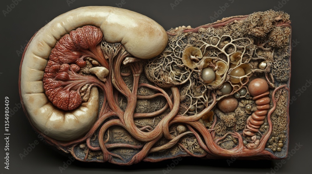 Poster detailed model of kidney anatomy with an emphasis on the complex vascular and tubular structures, pr
