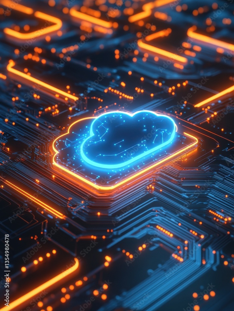 Poster a futuristic digital concept of cloud computing, showing a glowing blue cloud icon surrounded by a n