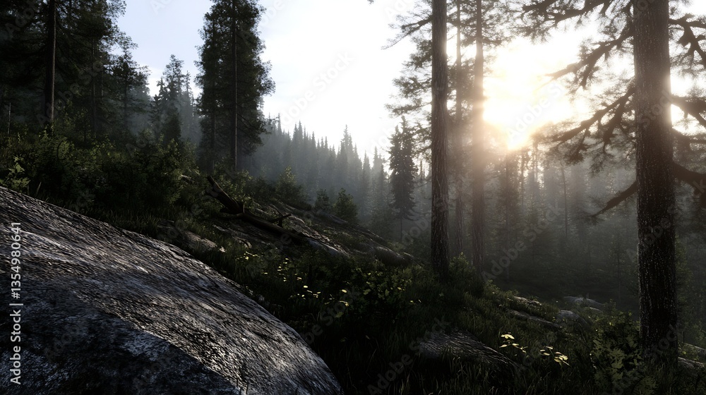 Poster serene forest landscape with sunlight filtering through tall trees in a peaceful natural setting : g