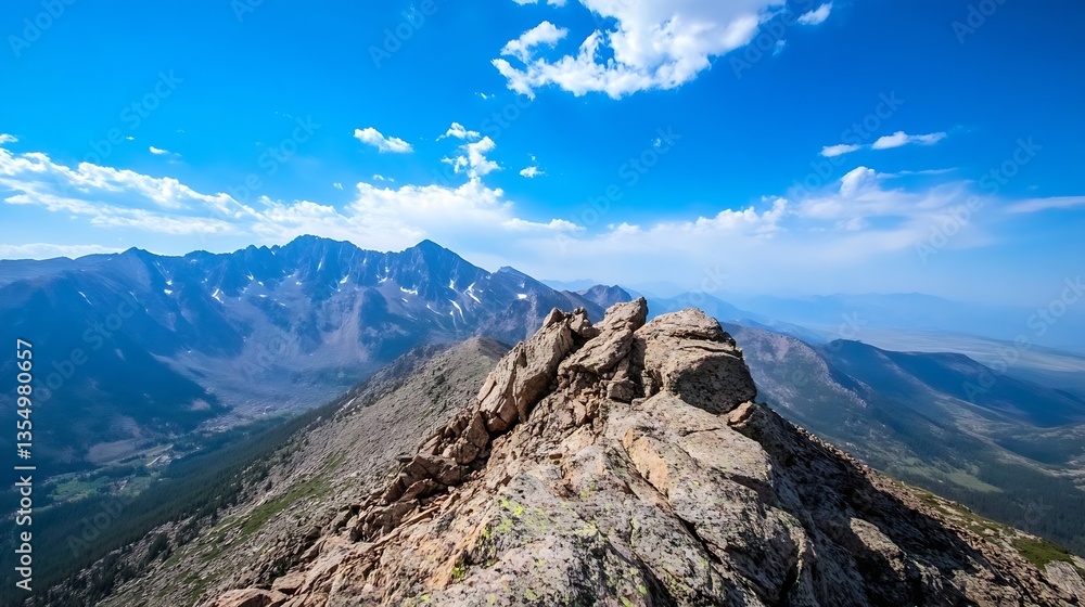 Poster breathtaking panoramic view from a mountain summit showcasing rugged peaks and expansive sky under n