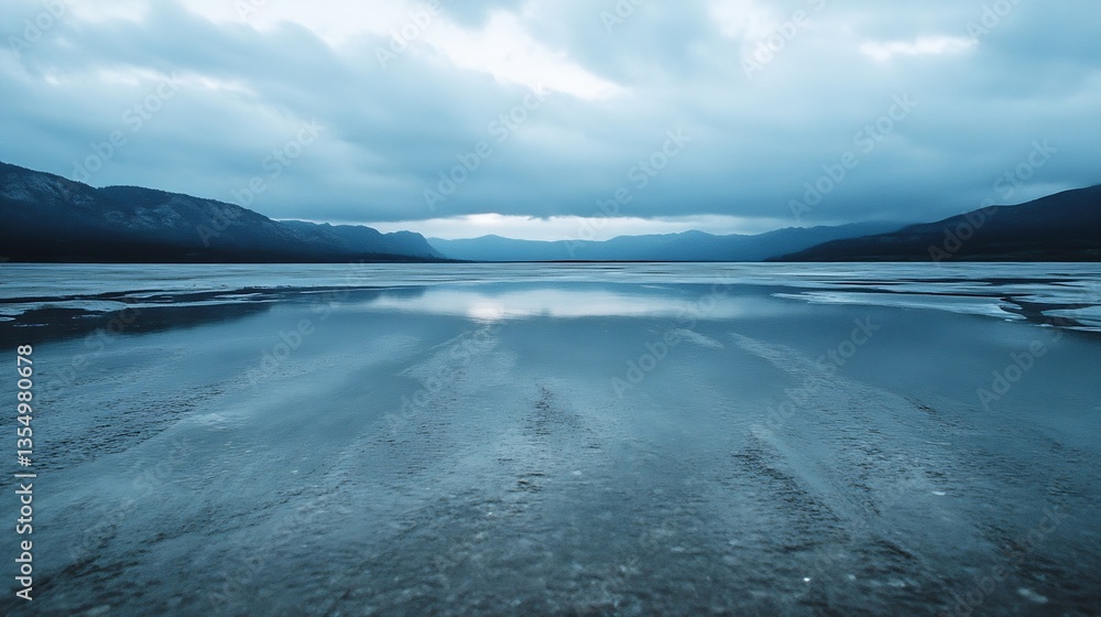 Poster Expansive view of calm lake reflecting dramatic clouds and distant mountains : Generative AI