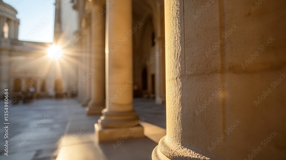 Poster Stunning architectural details of columns with sunlight streaming through creating a warm atmosphere : Generative AI