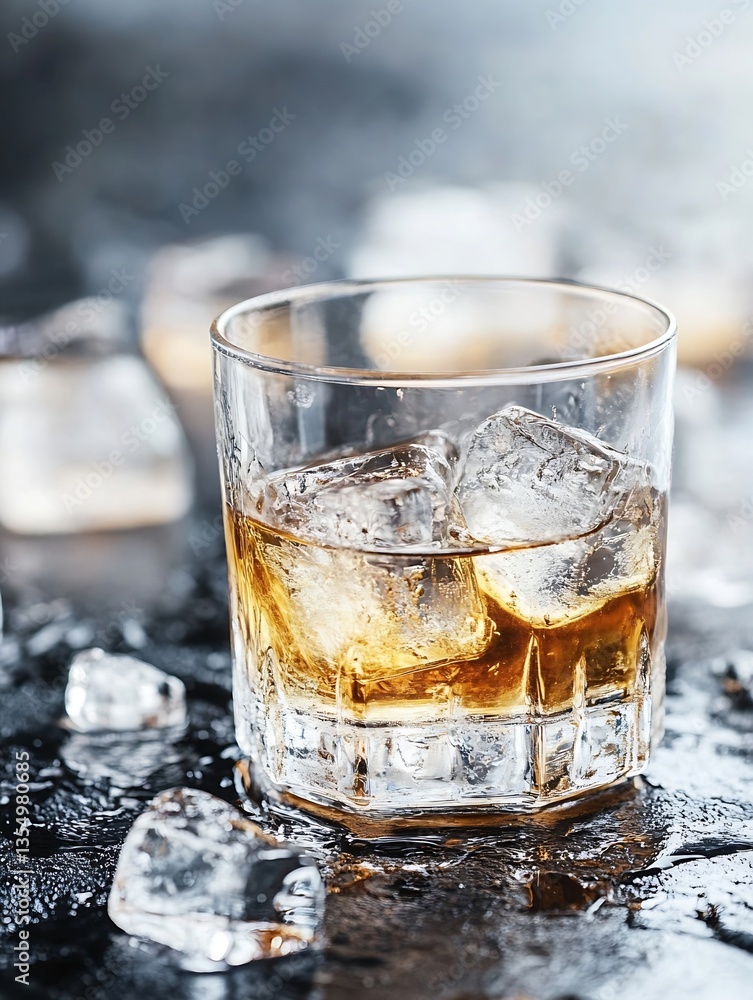 Aufkleber A glass of whiskey on the rocks surrounded by ice cubes on a wet surface creating a refreshing drink setting : Generative AI