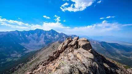 Fototapeta premium Breathtaking panoramic view from a mountain summit showcasing rugged peaks and expansive sky under natural light : Generative AI