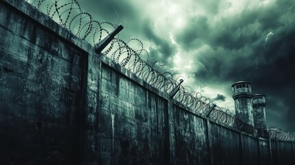 Fototapeta premium Dark Stormy Wall Barbed Wire Fence