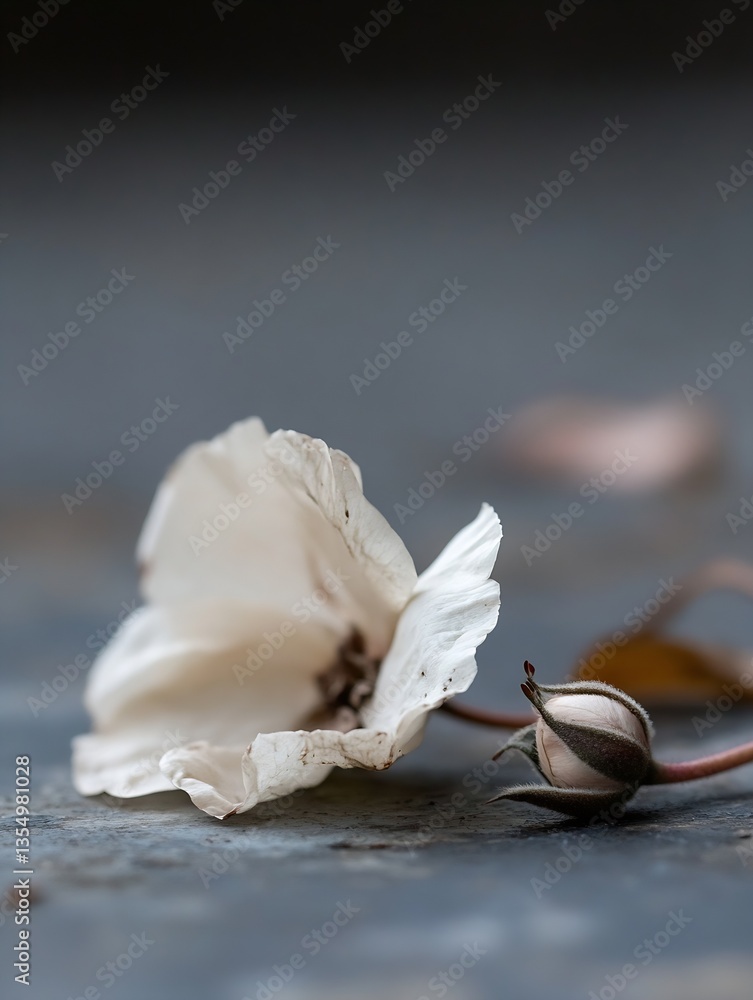 Poster delicate white flower bud resting on a textured surface in soft natural lighting : generative ai