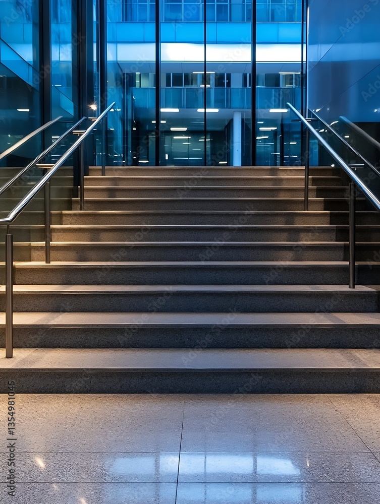 Poster modern architectural staircase in a welllit office space showcasing a contemporary design and sleek 