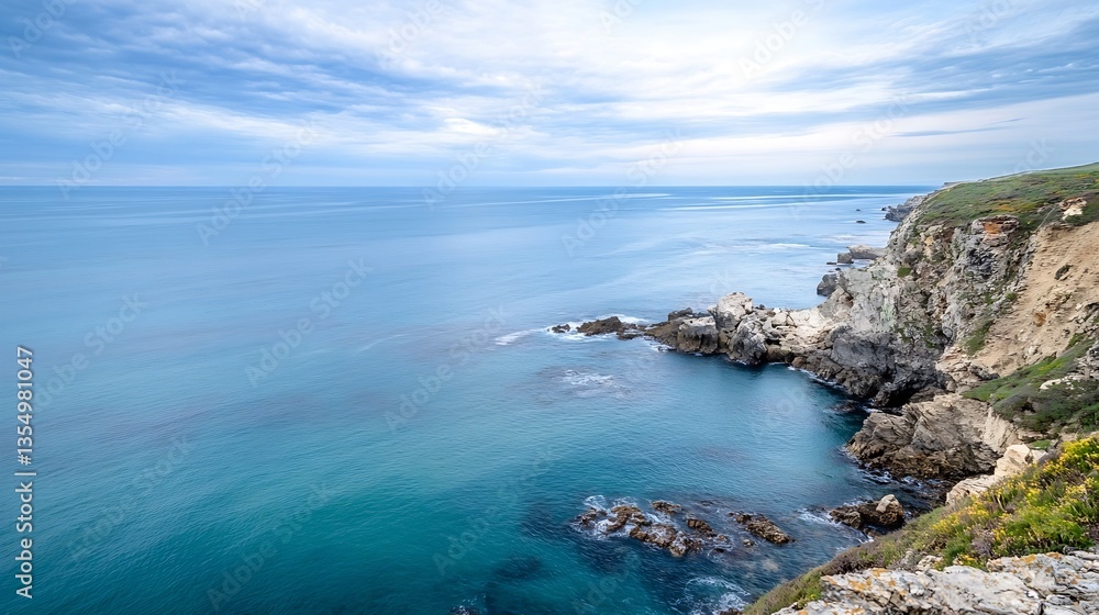 Poster breathtaking coastal view of calm waters and rugged cliffs under a cloudy sky : generative ai