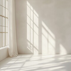 Obraz premium Subtle window shadow overlaying a smooth white wall. Bright, airy room with sunlight spilling in, creating soft highlights. Product presentation, minimalist style, modern interior concept