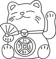 Lucky cat toy Chinese new year graphic element Outline vector illustration Hand drawn line art