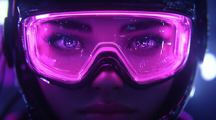 A beautiful woman in a sci-fi neonpunk style, wearing futuristic VR eyewear and reflective goggles. Represents artificial intelligence, virtual reality, and metaverse technology concepts.

