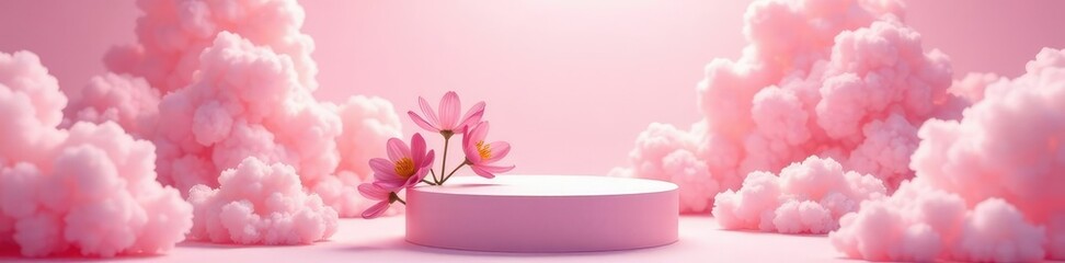 Delicate flowers on a pedestal amidst soft pink clouds, podium, pink