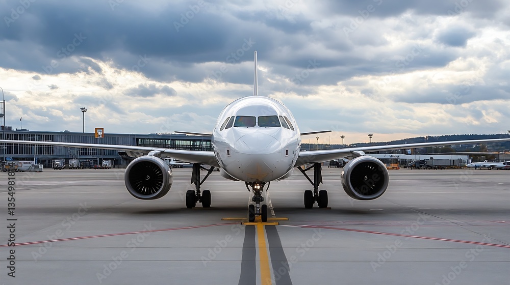 Poster Front view of a modern aircraft parked at an airport with stormy clouds in the background : Generative AI