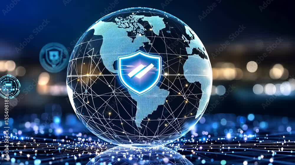Poster global cybersecurity network with shield icon